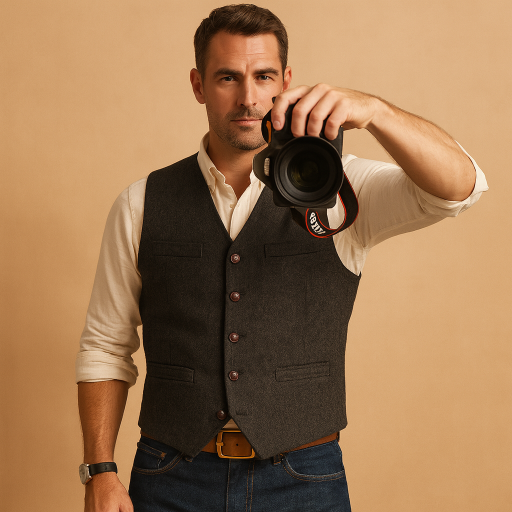 Classic mens vest for men with adjustable button closure and practical pockets, ideal for formal and casual outfits in autumn and winter.