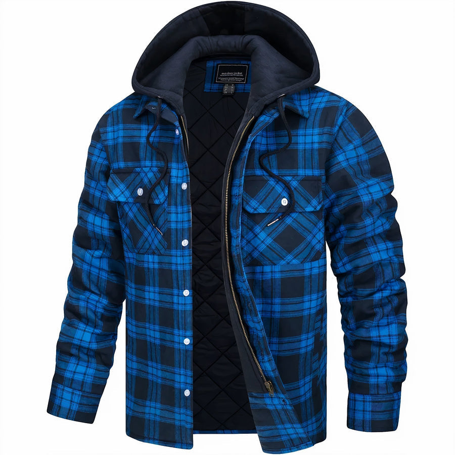 Men's Plaid Bomber Jacket Quilted Lined Hooded - VibreMode