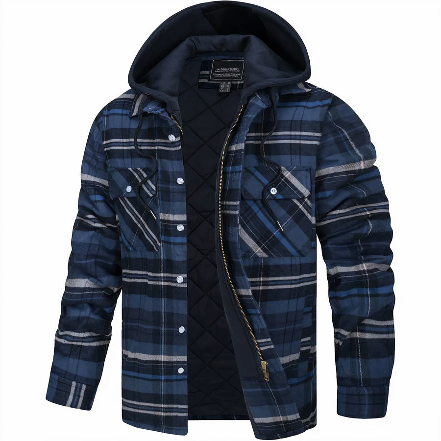 Men's Plaid Bomber Jacket Quilted Lined Hooded