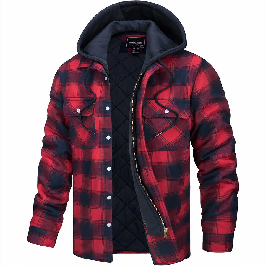 Men's Plaid Bomber Jacket Quilted Lined Hooded