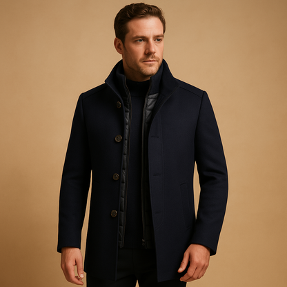 Men’s classic winter coat with a tailored fit and mandarin collar, suitable for formal occasions and everyday wear during autumn and winter.