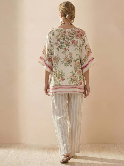 Women's Striped Wide Leg Pants Set Cotton Casual
