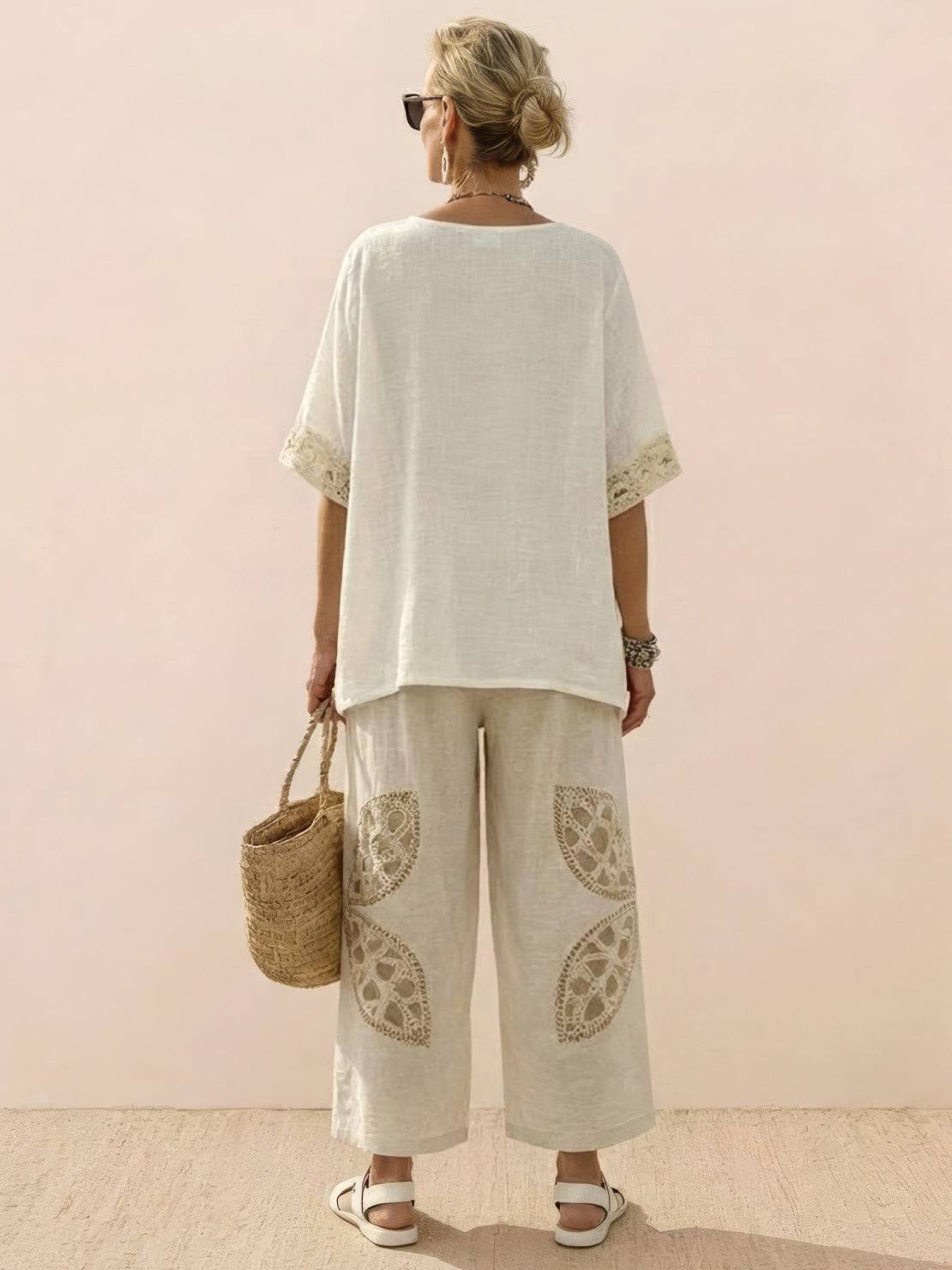 Women's Striped Wide Leg Pants Set Cotton Casual