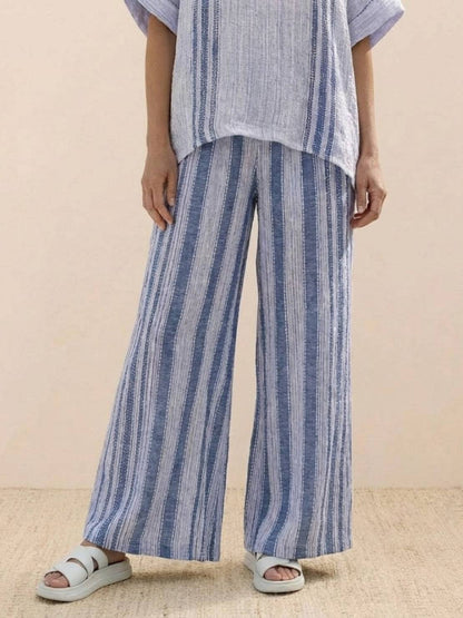 Women's Striped Wide Leg Pants Set Cotton Casual