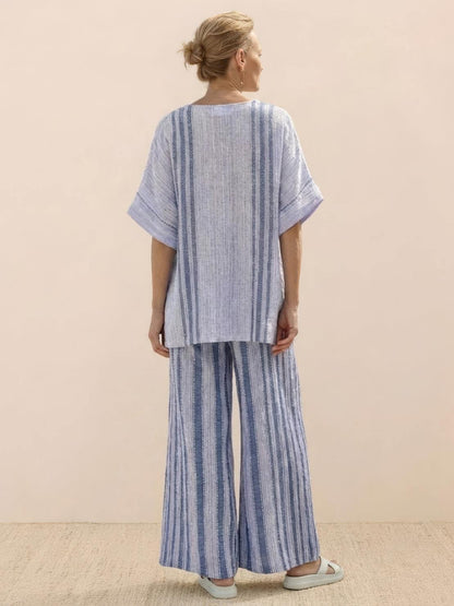Women's Striped Wide Leg Pants Set Cotton Casual