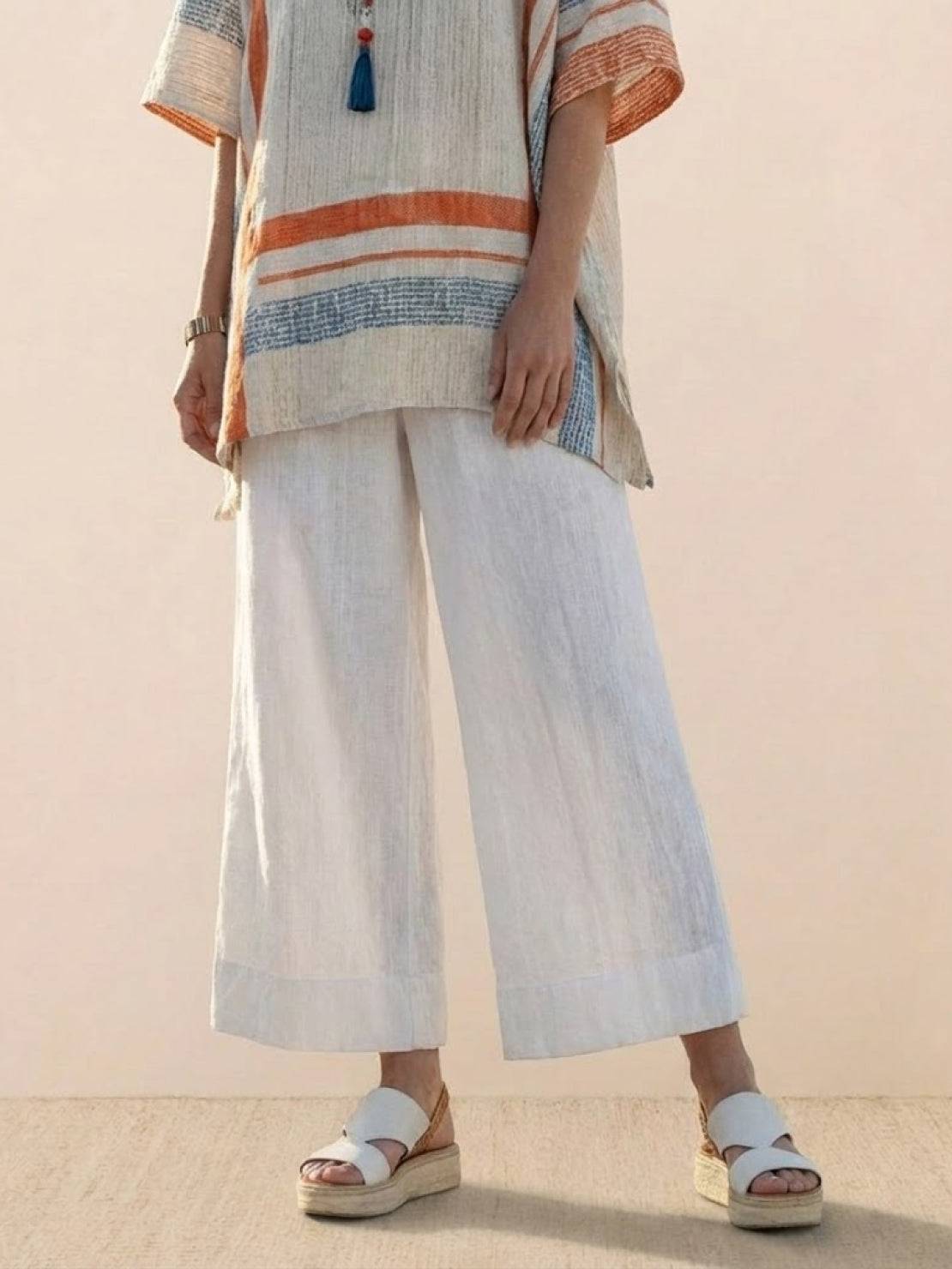Women's Striped Wide Leg Pants Set Cotton Casual