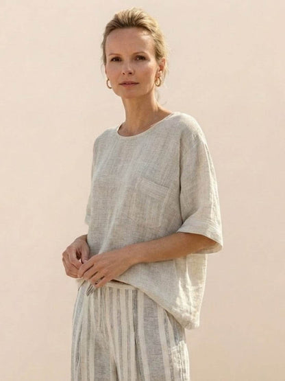 Women's Striped Wide Leg Pants Set Cotton Casual