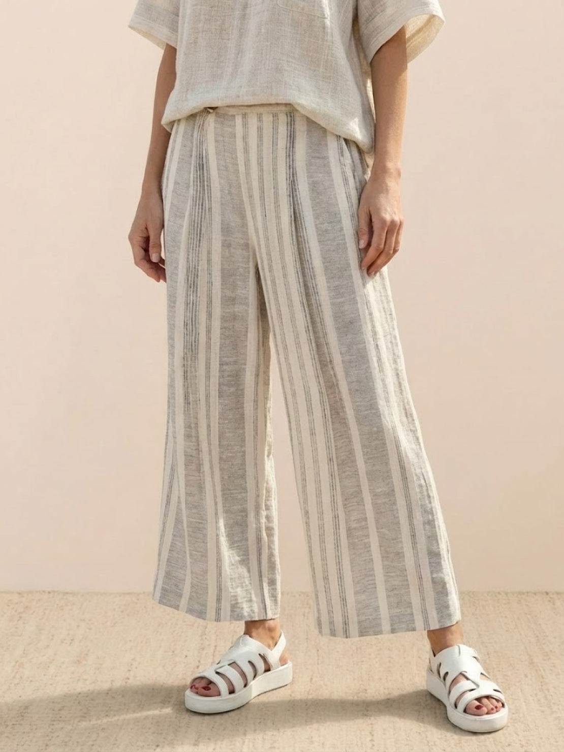 Women's Striped Wide Leg Pants Set Cotton Casual