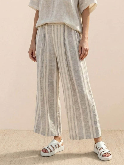 Women's Striped Wide Leg Pants Set Cotton Casual