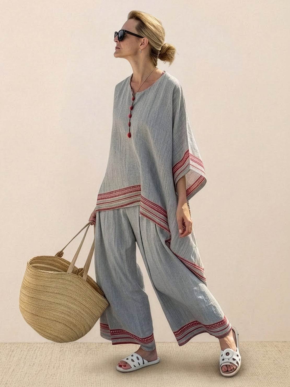 Women's Striped Wide Leg Pants Set Cotton Casual