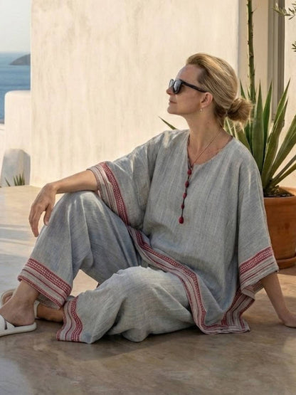 Women's Striped Wide Leg Pants Set Cotton Casual