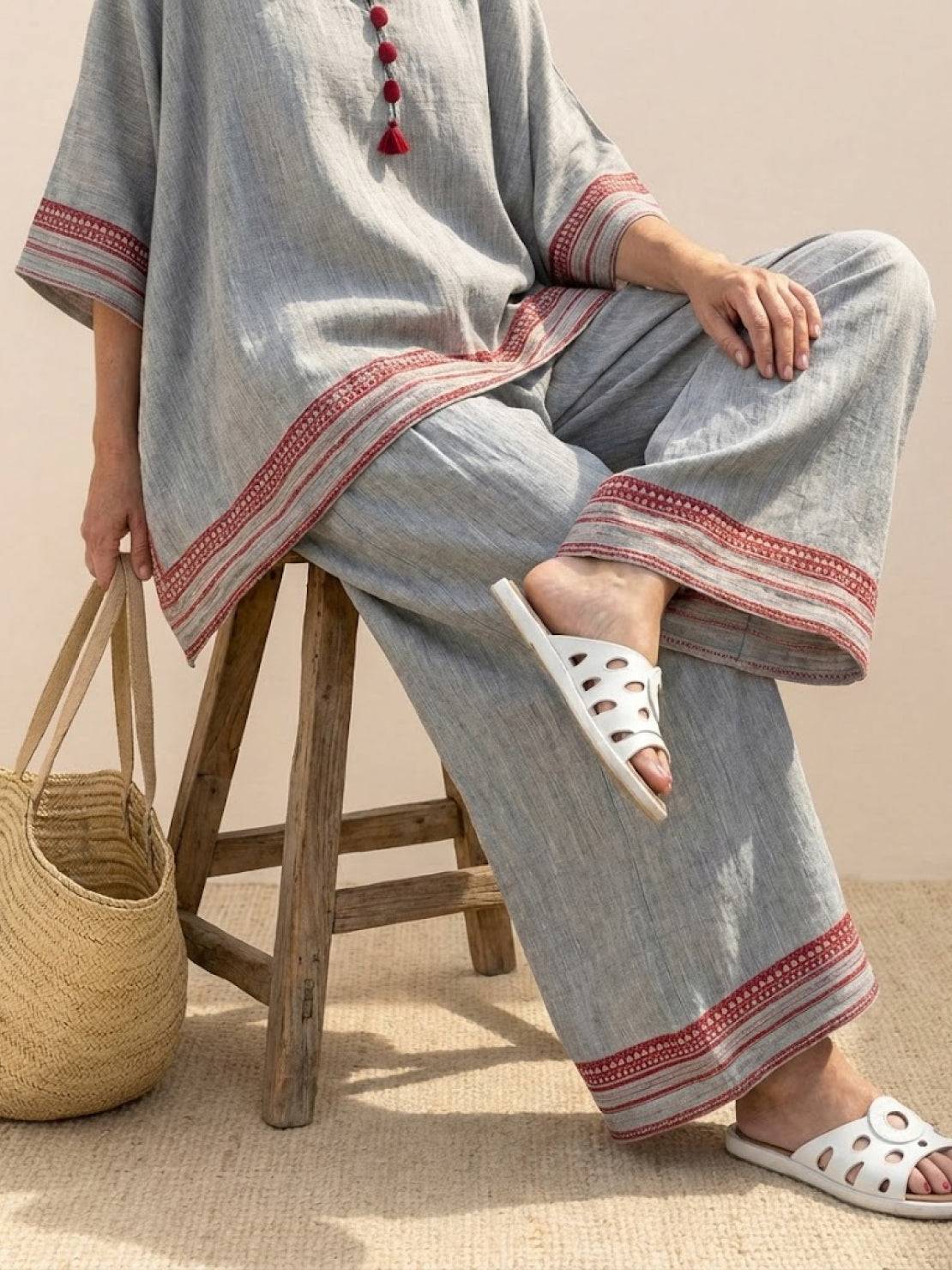 Women's Striped Wide Leg Pants Set Cotton Casual