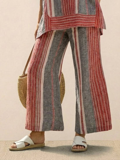 Women's Striped Wide Leg Pants Set Cotton Casual