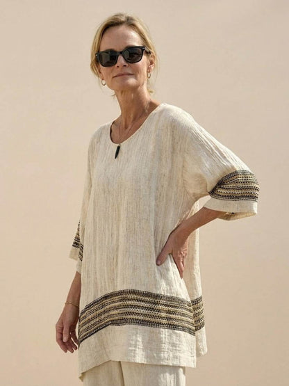 Women's Striped Wide Leg Pants Set Cotton Casual
