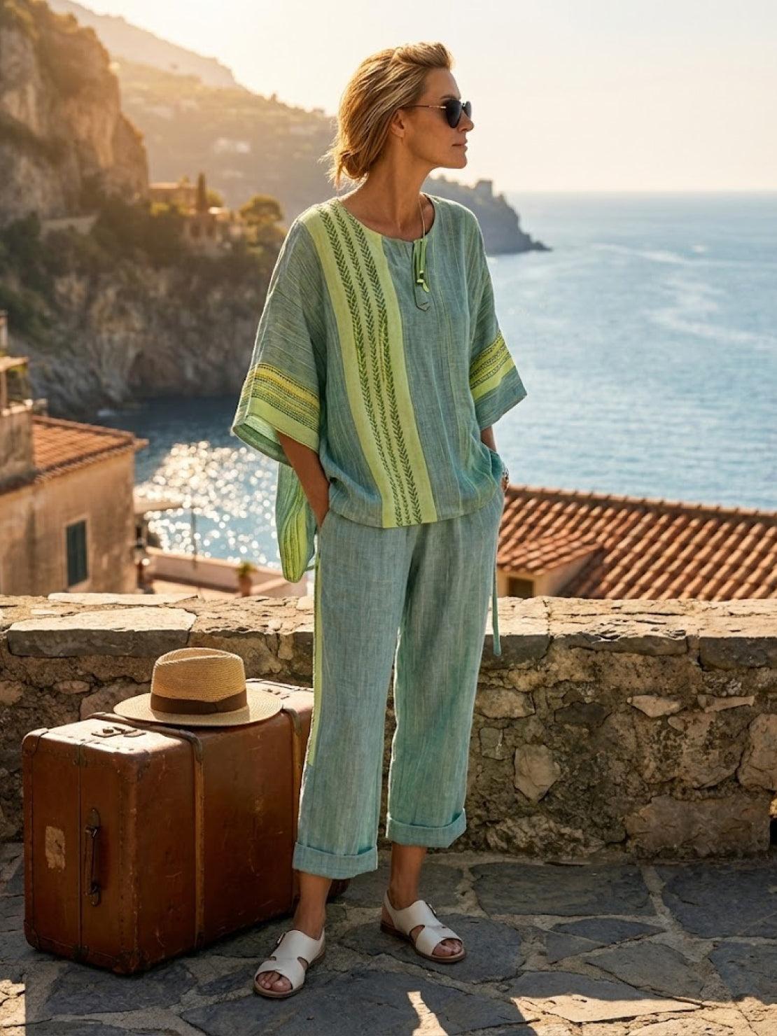 Women's Striped Wide Leg Pants Set Cotton Casual