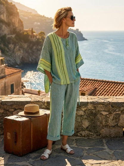 Women's Striped Wide Leg Pants Set Cotton Casual