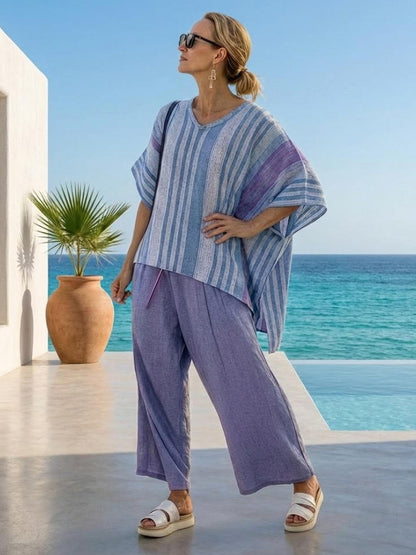 Women's Striped Wide Leg Pants Set Cotton Casual