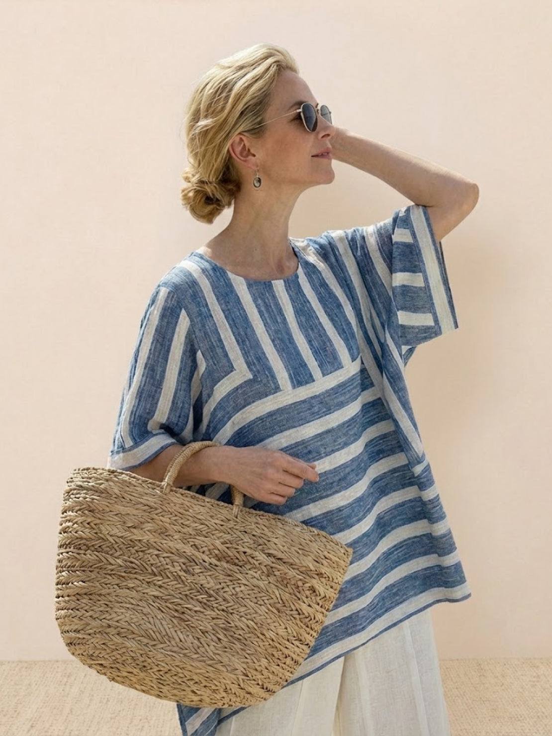 Women's Striped Wide Leg Pants Set Cotton Casual