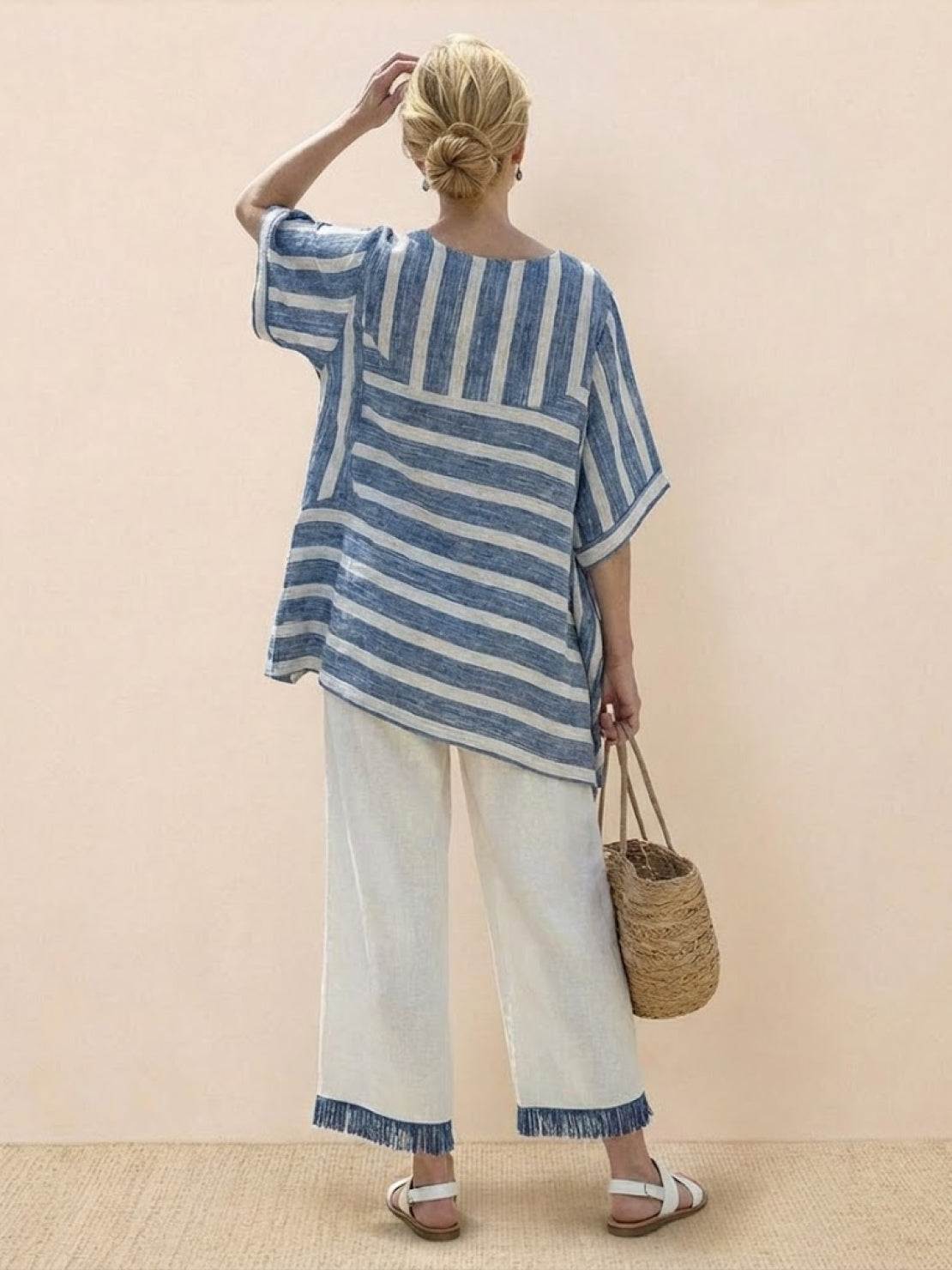 Women's Striped Wide Leg Pants Set Cotton Casual