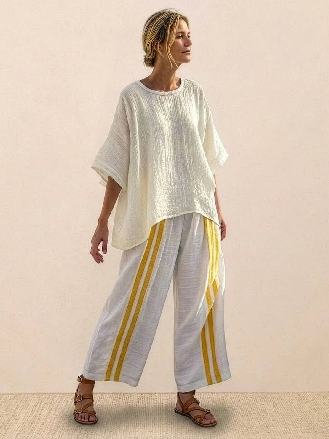 Women's Striped Wide Leg Pants Set Cotton Casual