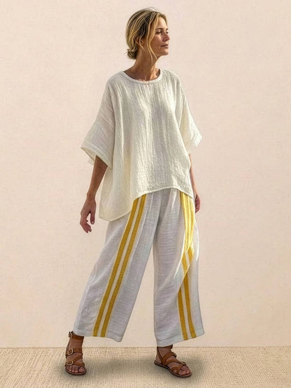 Women's Striped Wide Leg Pants Set Cotton Casual