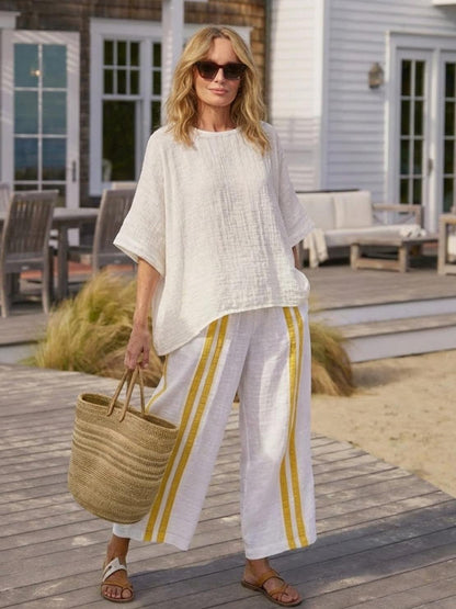 Women's Striped Wide Leg Pants Set Cotton Casual