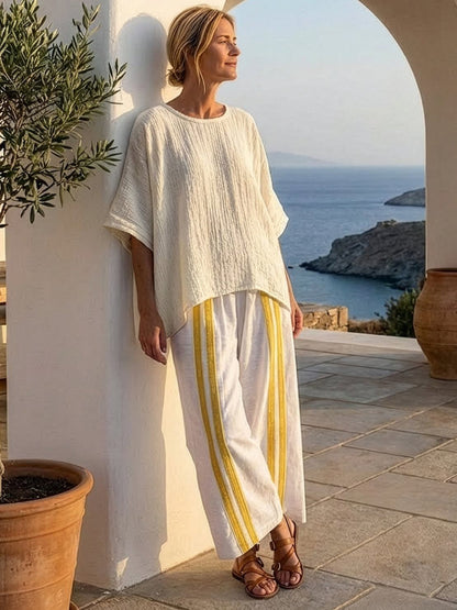 Women's Striped Wide Leg Pants Set Cotton Casual