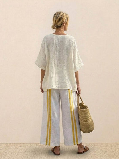 Women's Striped Wide Leg Pants Set Cotton Casual