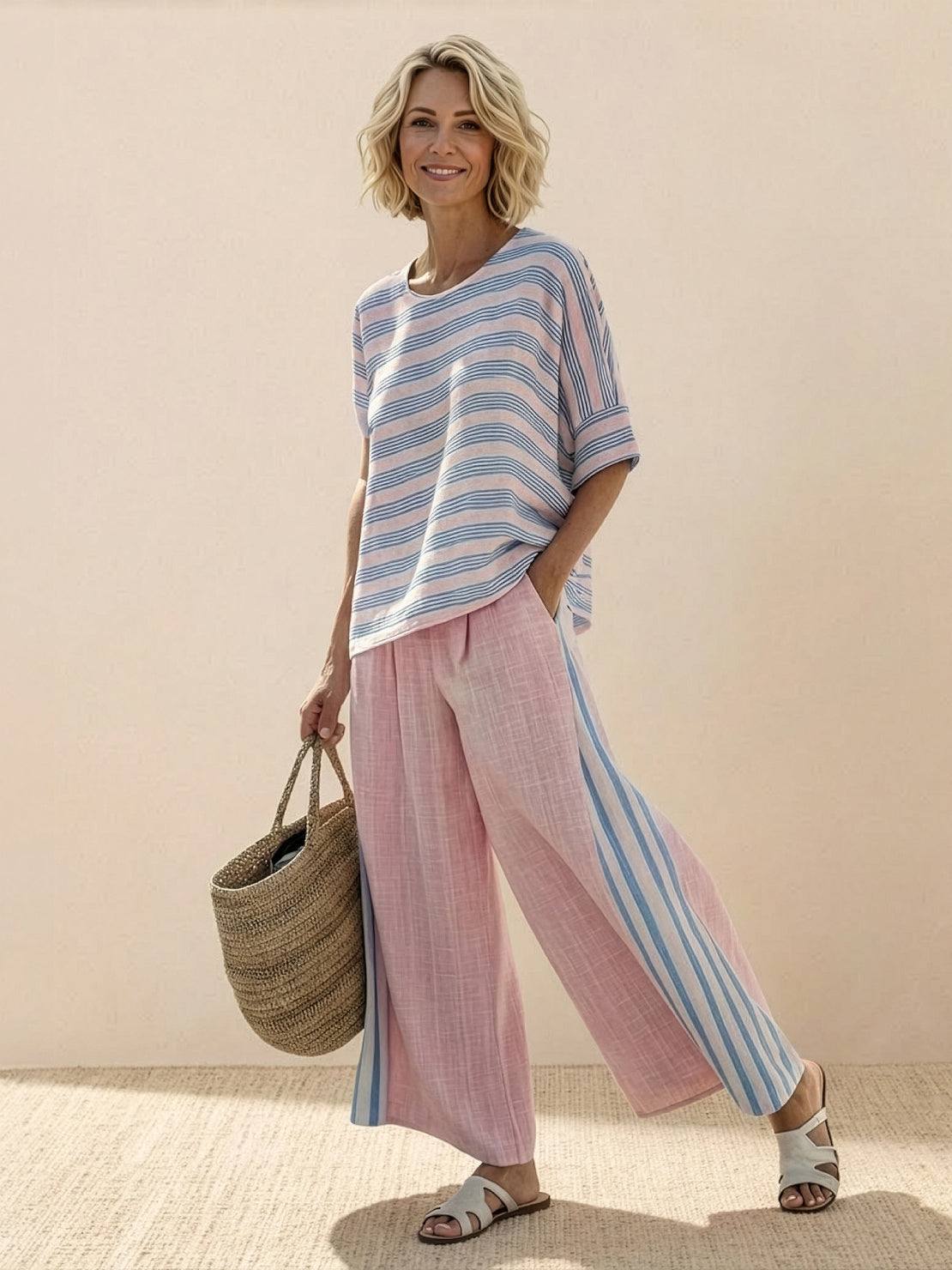 Women's Striped Wide Leg Pants Set Cotton Casual