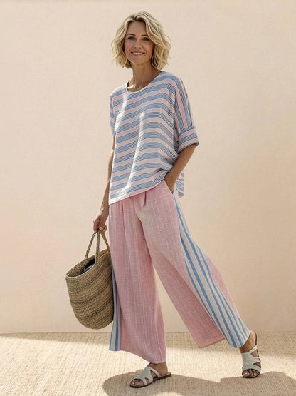 Women's Striped Wide Leg Pants Set Cotton Casual