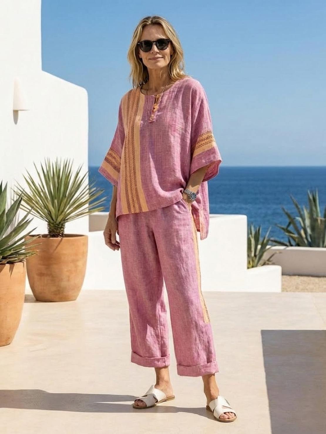 Women's Striped Wide Leg Pants Set Cotton Casual