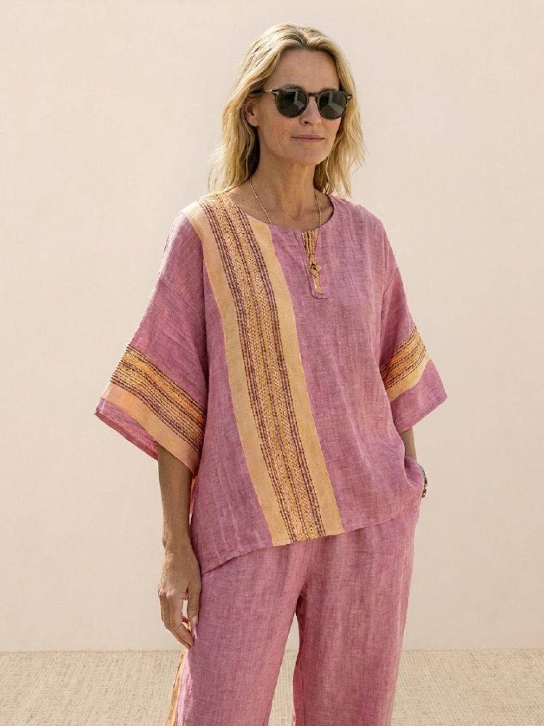 Women's Striped Wide Leg Pants Set Cotton Casual