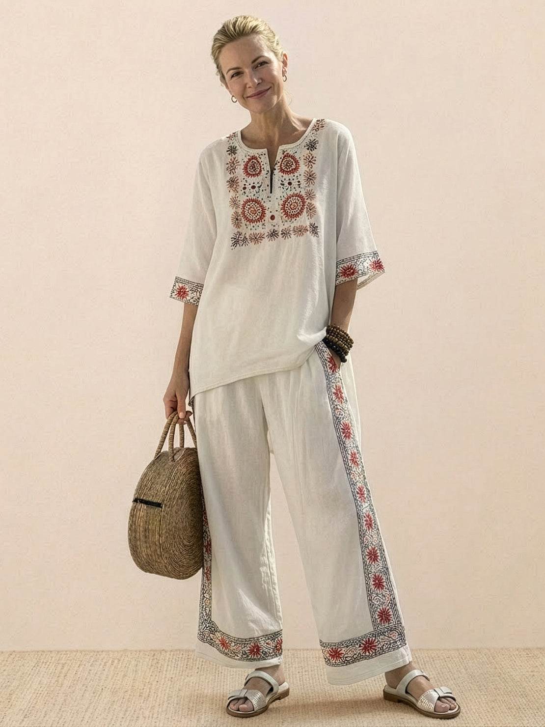 Women's Striped Wide Leg Pants Set Cotton Casual