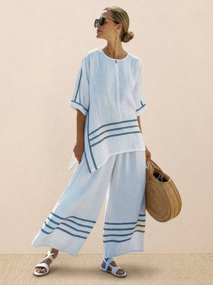 Women's Striped Wide Leg Pants Set Cotton Casual