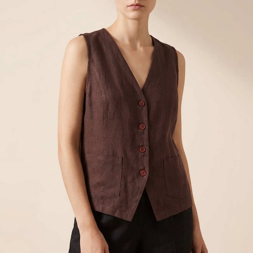 Women's Relaxed Fit Vest Cotton Contrast Trim Patch Pockets - VibreMode