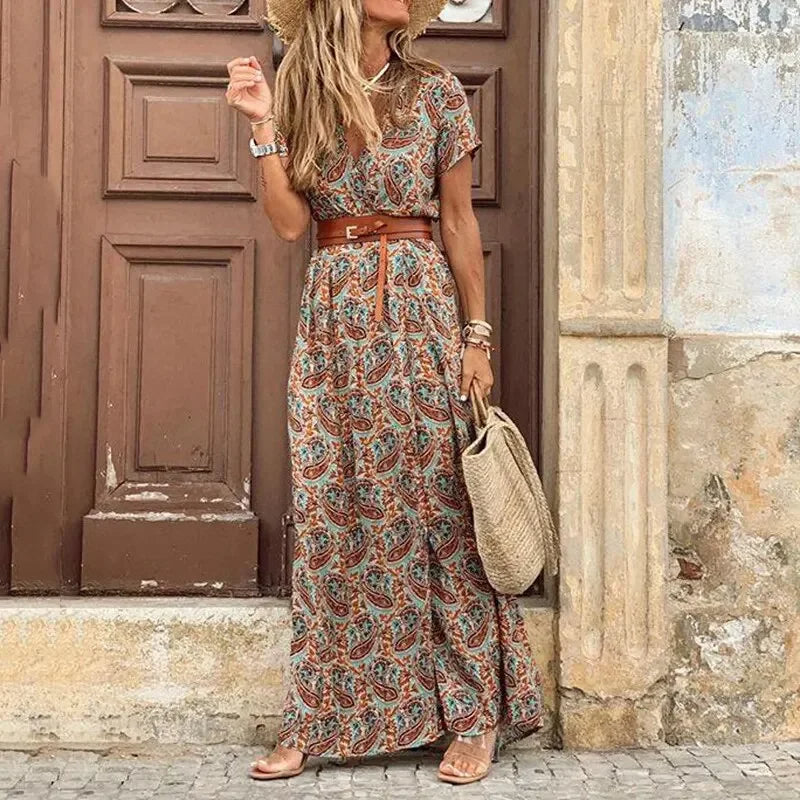 Women's V-Neck Belted Maxi Dress