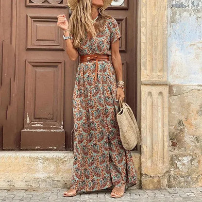 Women's V-Neck Belted Maxi Dress