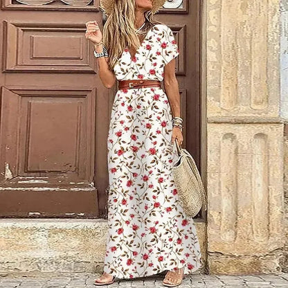 Women's V-Neck Belted Maxi Dress
