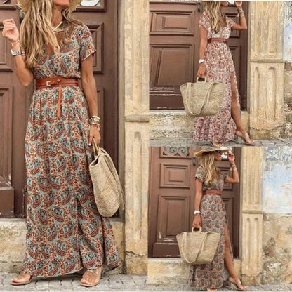 Women's V-Neck Belted Maxi Dress - VibreMode