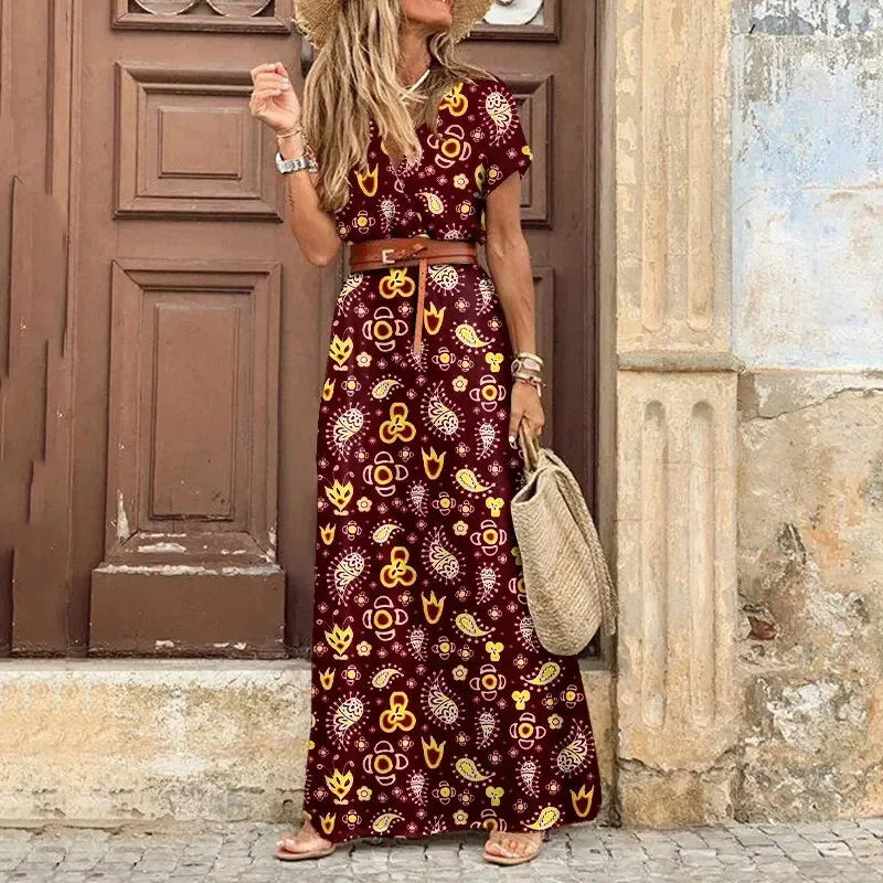 Women's V-Neck Belted Maxi Dress