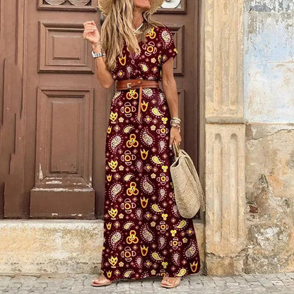 Women's V-Neck Belted Maxi Dress