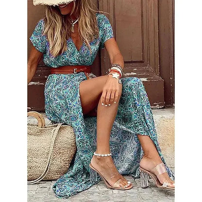 Women's V-Neck Belted Maxi Dress