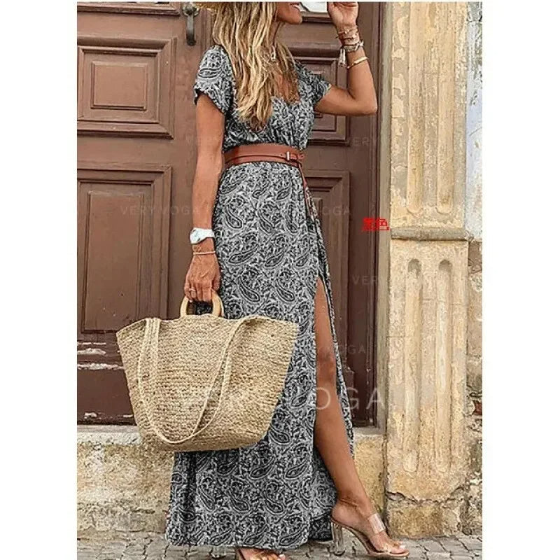 Women's V-Neck Belted Maxi Dress