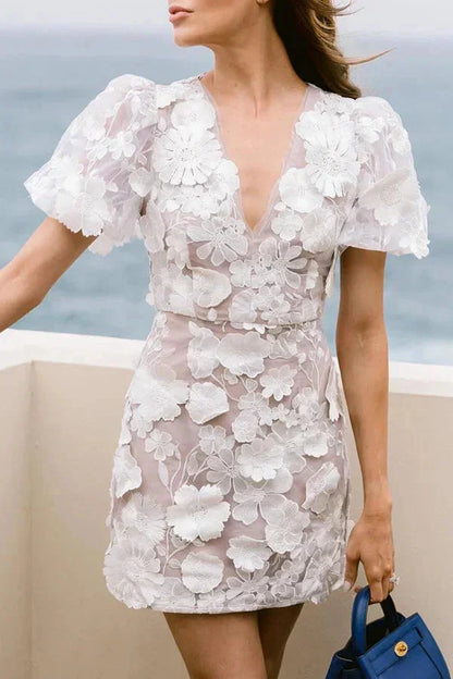 Women's Floral Mini Dress Sheer Puff Sleeves