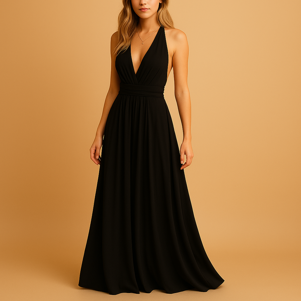 Convertible multiway evening dress for women with adjustable top styling, perfect for weddings, parties, and elegant evening events.