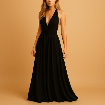 Convertible multiway evening dress for women with adjustable top styling, perfect for weddings, parties, and elegant evening events.