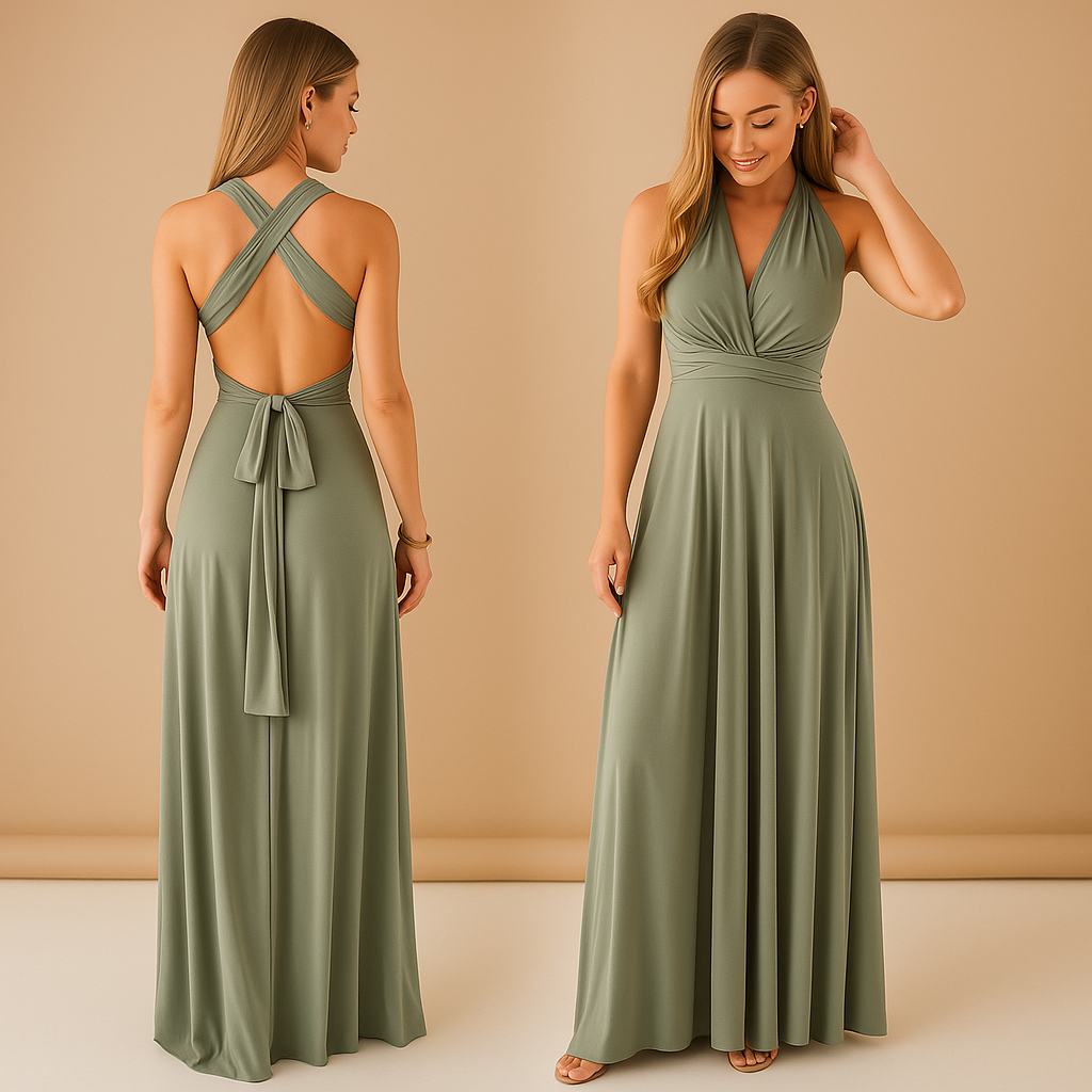 Convertible wrap dress for women with adjustable straps and multiway styling options, perfect for weddings, parties, and elegant formal occasions.
