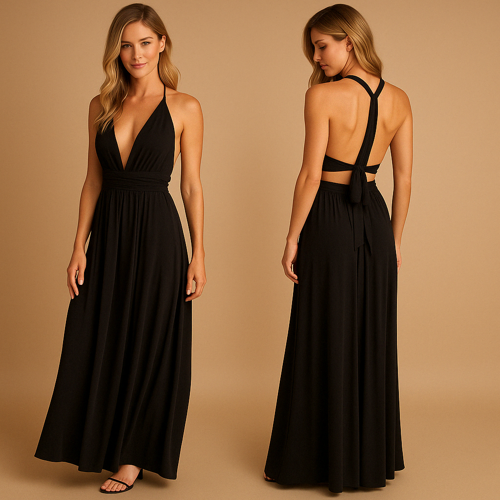 Convertible wrap dress for women with adjustable straps and multiway styling options, perfect for weddings, parties, and elegant formal occasions.