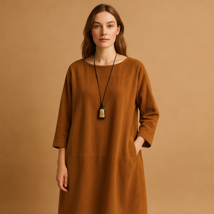 Women’s corduroy summer dress with short sleeves and knee-length fit, perfect for warm days, casual wear, and stylish occasions.