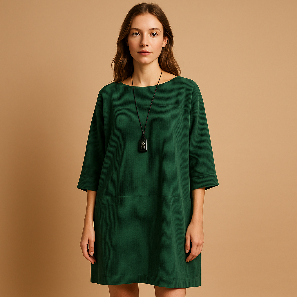Women’s corduroy summer dress with short sleeves and knee-length fit, perfect for warm days, casual wear, and stylish occasions.